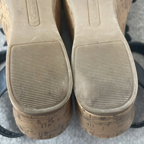 Wear Ever Sandals Womens 7.5 Black Faux Leather Floral Wedge Buckle 3" Heel - Picture 15 of 15